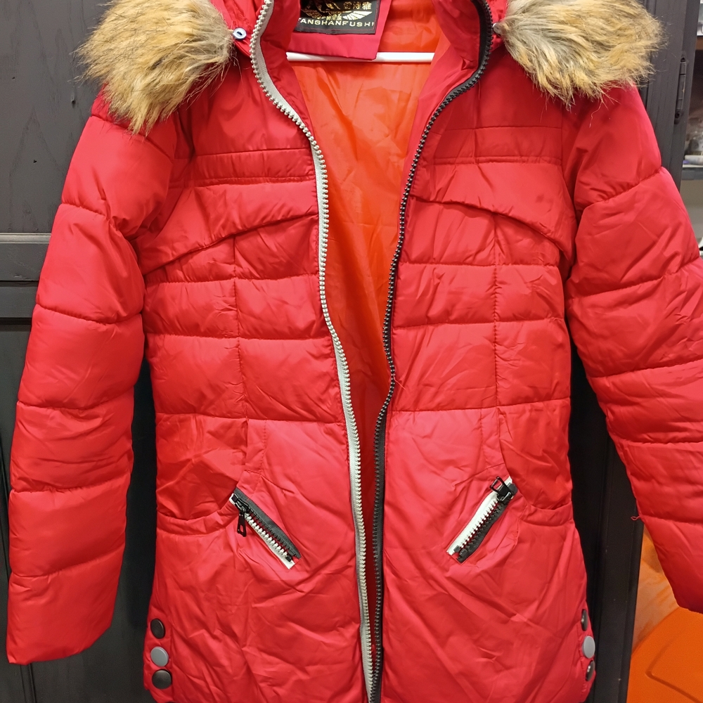 Red Puffer Jacket with Faux Fur Hood